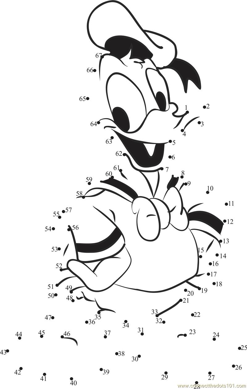 Donald Duck Standing dot to dot printable worksheet - Connect The Dots