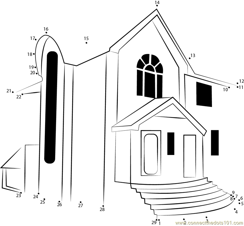 Connect the Dots Green House (Architecture > Houses) dot to dots for kids