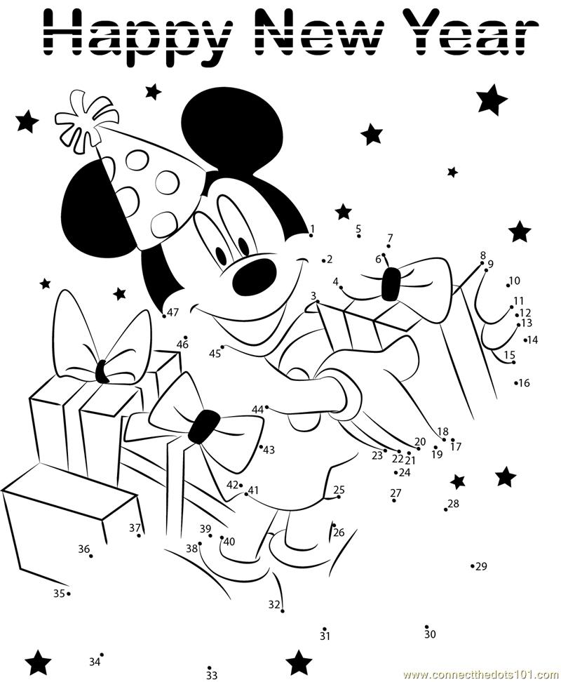 Connect the Dots Mickey Celebrating New Year (Holidays > New Year) - dot to dots for kids