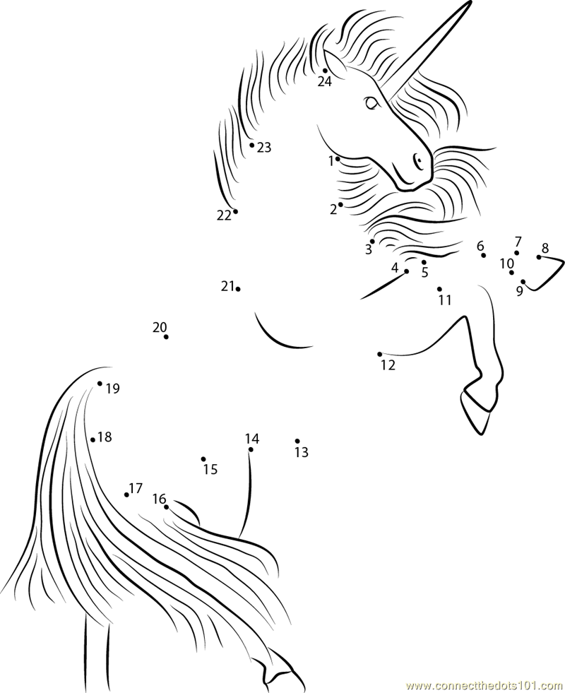 Connect the Dots Unicorn Up (Animals > Unicorn) - dot to dots for kids