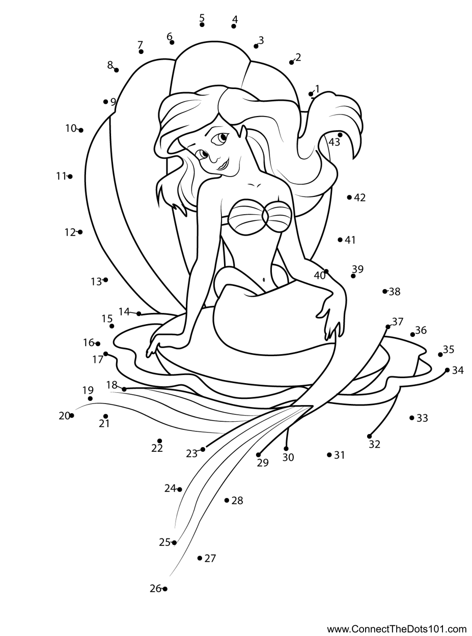 Ariel Sitting Seashell with Birthday cake dot to dot printable