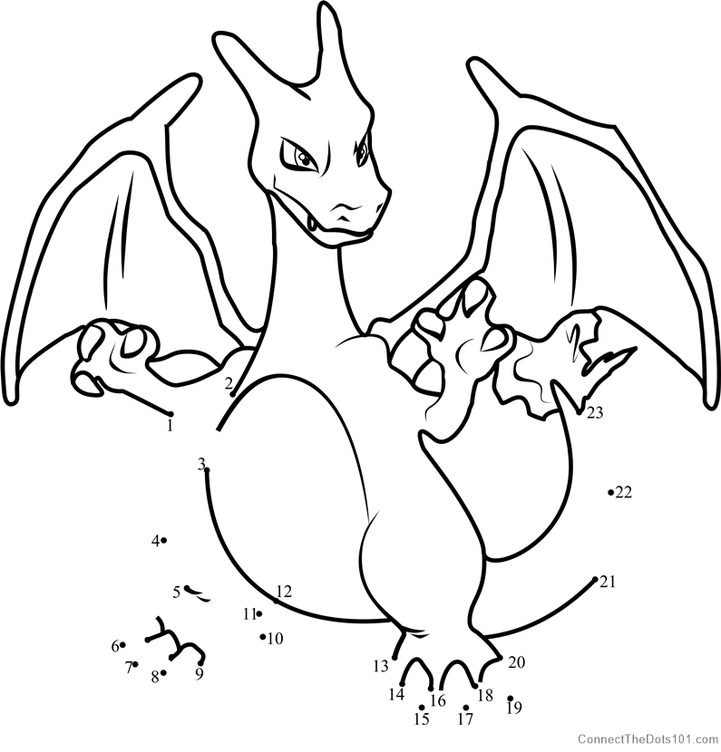 Pokemon Charizard dot to dot printable worksheet - Connect The Dots