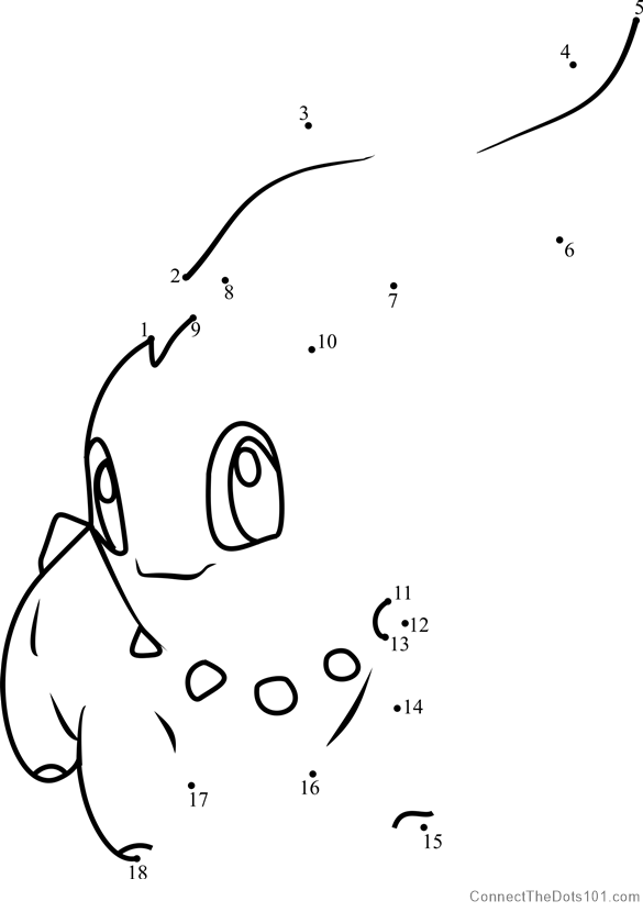 Pokemon Chikorita dot to dot printable worksheet - Connect The Dots