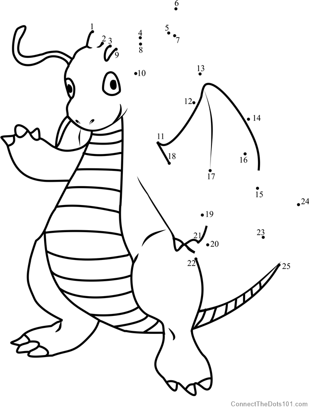 Pokemon Dragonite dot to dot printable worksheet - Connect The Dots