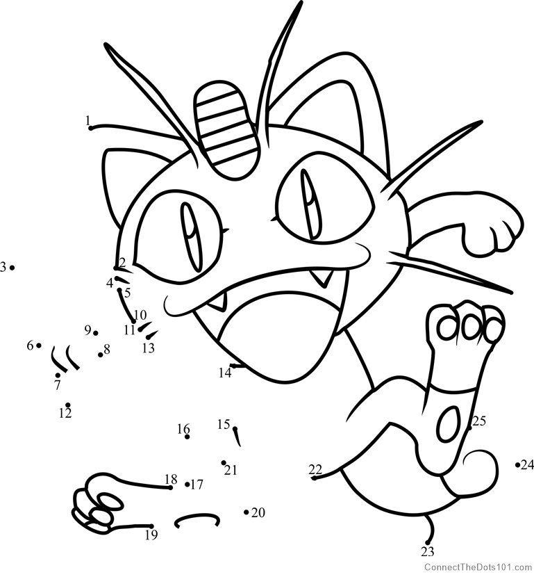 Pokemon Meowth dot to dot printable worksheet - Connect The Dots